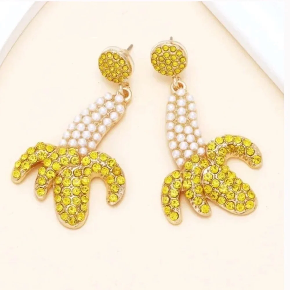 ❤️ FREE Banana Fruit Snack Hipster Rhinestone Modern Drop Hippie Art Earrings